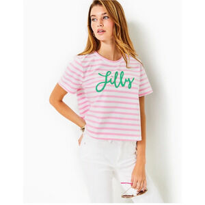 NWT Lilly Pulitzer Keenan Knit Top Size S Conch Shell Pink Striped Crop Tee Chic